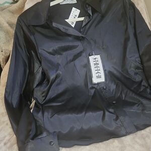 Black "Satin" Button-Up Blouse